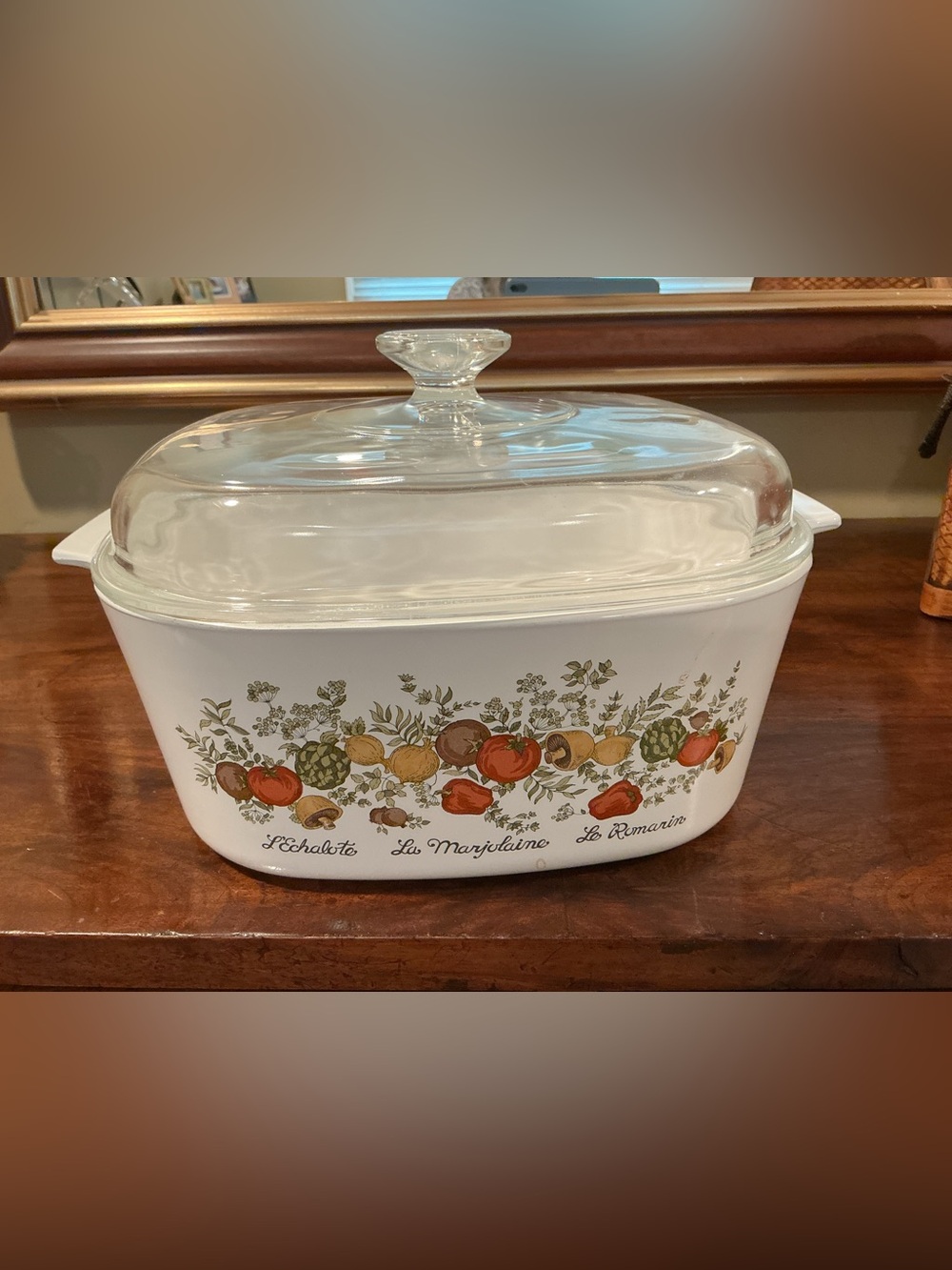 Vintage Corning Ware Ceramic Covered Casserole Dish with Herb & Vegetable
